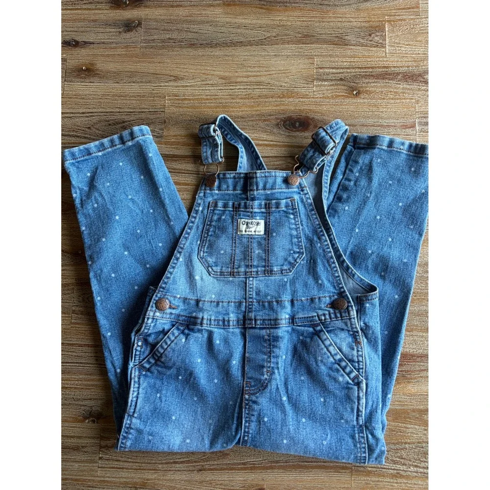 OshKosh B'gosh Kids Blue Polka Dot Denim Bib Overalls Size 5T Medium Wash